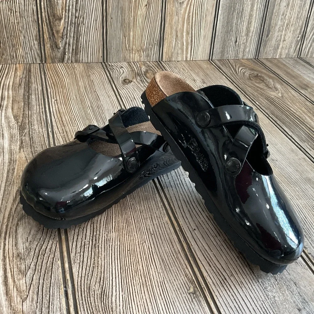 Birkenstock Birki's Boston Slide Patent Black Leather Clogs Kids Girls Size C12